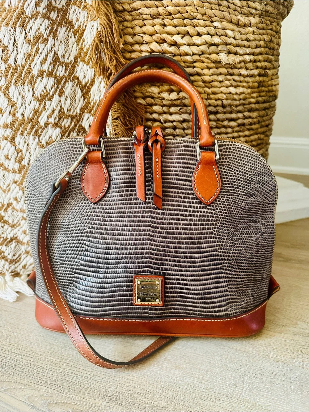 Dooney & Bourke Gray Lizard-Embossed Satchel with Brown Trim and Matching Wallet